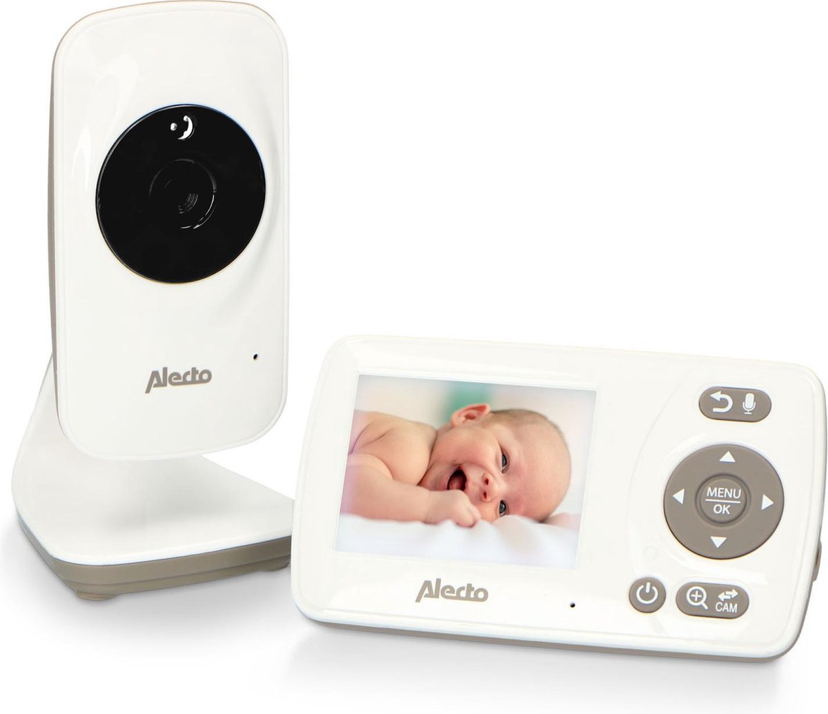 Alecto Baby DVM-71 Babyfoon met camera en 2.4" scherm - Uitbreidbaar tot 4 camera's - Temperatuursensor - wit/taupe