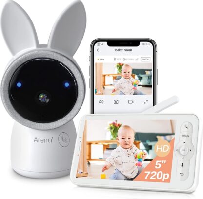 Arenti AINanny - Baby Monitor - Babyfoon met 5 inch scherm - Ultra HD 2K Resolutie - Slaapliedjes - Alexa & Google - inclusief 32 GB Sd kaart - Temperatuur - Vochtigheid
