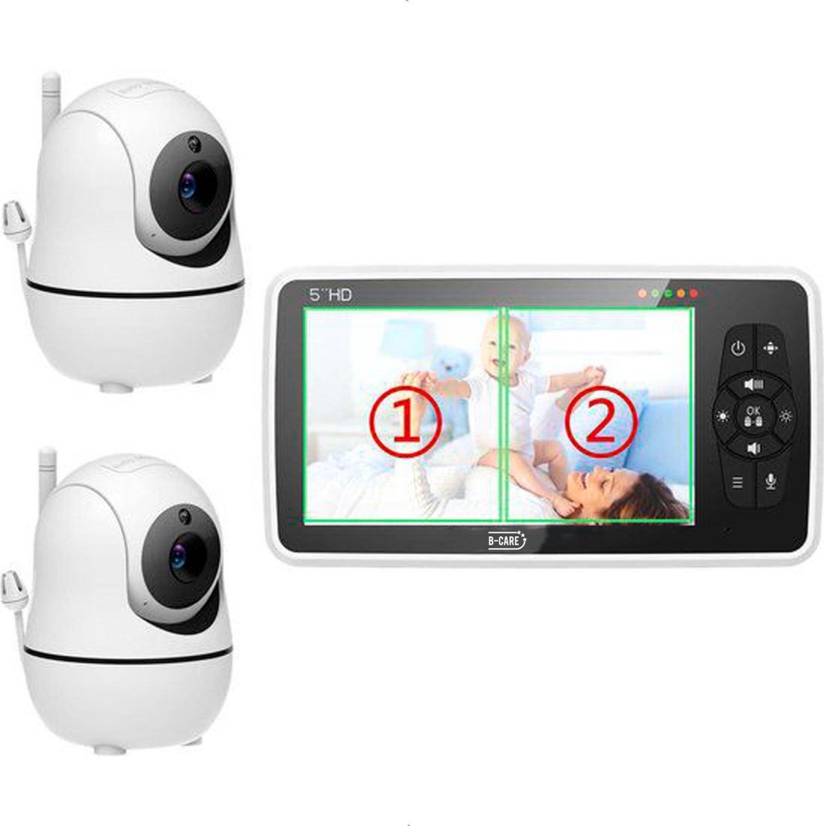 B-care Babyfoon met 2 Camera's - 5.0 Inch Scherm - Nederlands Display -  Zonder Wifi en App - Temperatuursensor - Nachtzicht - Terugspreekfunctie -  8 Slaapliedjes - Voor 2 Kinderen - Babyfoonwinkel