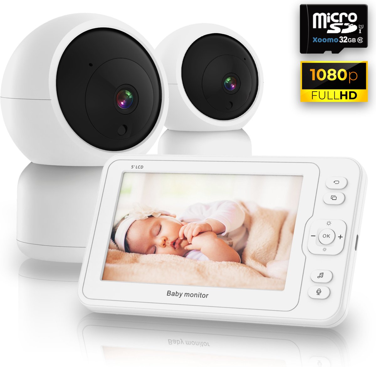 XOOMO S2 Babyfoon met Camera - Baby Monitor met Vox Modus - Babyfoons - Baby Camera - 2 Camera's - 8 Slaapliedjes - 5 Inch - incl. 32GB Geheugenkaart - Handige Zwanenhals - Complete Set
