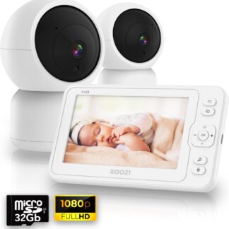 XOOZI S2 - Babyfoon met Camera - Baby Camera - Baby Monitor - Babyphone - 5 Inch - incl. 32GB Geheugenkaart - Vox Modus - 8 Slaapliedjes - Handige Zwanenhals - Complete Set met 2 Camera's